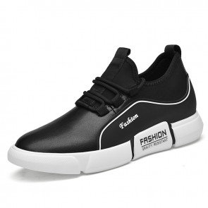 Black Elevator Leather Sneakers for Men Add Taller 3.2 inch / 8 cm Performance Lift Casual Sports Shoes