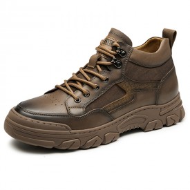 Premium Hidden Lift Walking Shoes Khaki Retro High Top Casual Business Shoes Height 2.6inch / 6.5cm