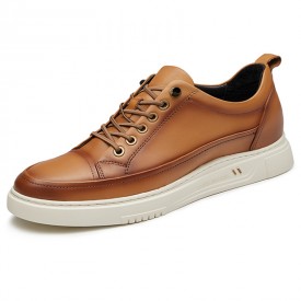 Exotic Lift Men Casual Oxford Sneakers Brown Calfskin Leather Design Skate Shoes Get 2.4inch / 6cm