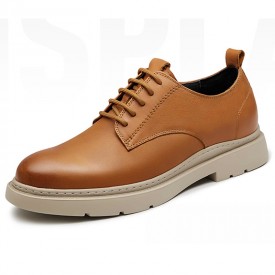 Performance Taller Men Casual Shoes Brown Genuine Leather Hidden Lift Work Shoes Add 2.6inch / 6.5cm