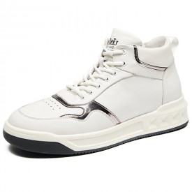 Premium Height Increasing High Top Sneakers White Cowhide Skate Shoes Gain 2.6inch / 6.5cm