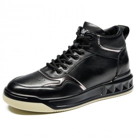 Premium Height Increasing High Top Sneakers Black Cowhide Skate Shoes Look Taller 2.6inch / 6.5cm