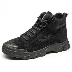 Black Elevator High Top Hiking Shoes Retro Hidden Lift Outdoor Work Shoes Add Height 2.6inch / 6cm