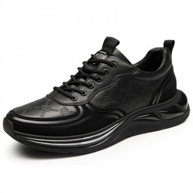 2023 Elevator Trendy Chunky Sneakers Black Genuine Leather Running Shoes Add Taller 2.6inch / 6.5cm