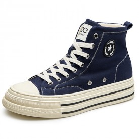 Blue Elevator High Top Canvas Sneakers Fashion Thick-Soled Vulcanized Shoes Gain 2.4inch / 6cm