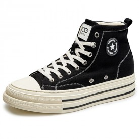 Black Elevator High Top Canvas Sneakers Fashion Thick-Soled Vulcanized Shoes Add 2.4inch / 6cm