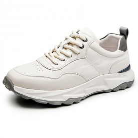 Autumn Lightweight Elevator Sneakers White Calfskin Walking Shoes Gain Taller 2.6inch / 6.5cm