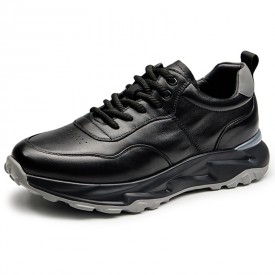 Autumn Lightweight Elevator Sneakers Black Calfskin Walking Shoes Gain Height 2.6inch / 6.5cm