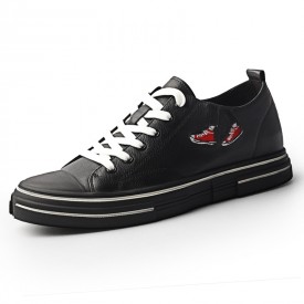 2020 Low Top Elevator Skateboarding Shoes Black Genuine Leather Retro Sneakers Increase 2.4inch / 6cm