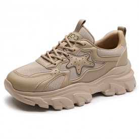 Classic Elevator Thick Soled Sneakers Khaki Mesh Chunky Walking Shoes Add Height 3inch / 7.5cm