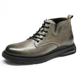 Vintage Leather Work Boots Add Height Grey British Elevator Casual Chukka Boots Increase 2.6inch / 6.5cm