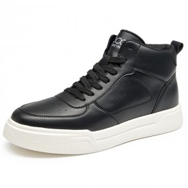 2024 Latest Elevator Hi Top Trainers Black Leather Hidden Lift Skate Shoes Add Height 2.6inch / 6.5cm