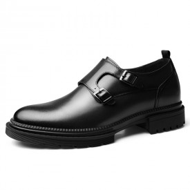 Black Double Monk Strap Elevator Shoes British Plain Formal Dress Loafers Add Height 2.4inch / 6cm 