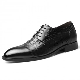 Elevator Cap Toe Dress Shoes Black Crocodile Grain Business Formal Derbies Increase 2.4inch / 6cm