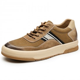 Retro Elevator Skateboarding Shoes Khaki Perforated Nubuck Leather Sneakers Increase 2.4inch / 6cm