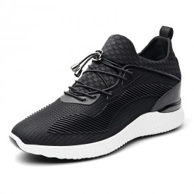 Lightweight Heighten Men Fashion Sneakers Black-White Lycra Leisure Sports Shoes Gain Taller 3.2inch / 8cm