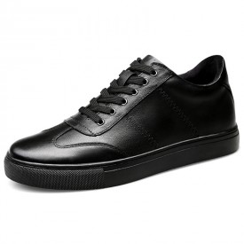 Fashionable Elevator Flat Sneakers Black Cowhide Low Top Skate Shoes Add Height 2.2inch / 5.5cm