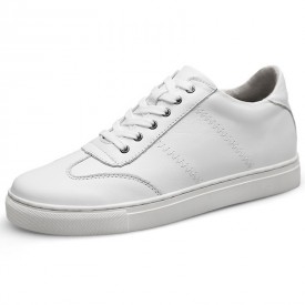 Fashionable Elevator Flat Sneakers White Cowhide Low Top Skate Shoes Look Taller 2.2inch / 5.5cm