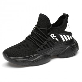 Fresh Hidden Lift Chunky Sneakers Black Flyknit Running Workout Elevator Shoes Add Taller 3.2inch / 8cm