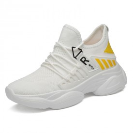 Fresh Elevator Chunky Sneakers White-Yellow Flyknit Running Workout Taller Shoes Add Height 3.2inch / 8cm