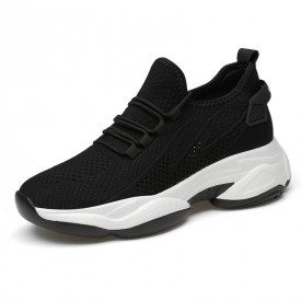 Black Flexible Elevator Chunky Sneakers Slip On Flyknit Walking Shoes That Give You Height 2.8inch / 7cm