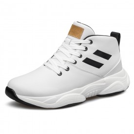 Ultra Comfort Elevator High Top Sneakers White Leather Hidden Lift Chunky Shoes Get 2.4inch / 6cm