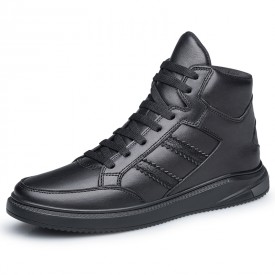 Concise Elevator High Top Skate Shoes Black Leather Casual Sports Boots Increase Taller 2inch / 5cm