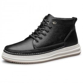 Black Elevator Skatebaording Shoes Soft Cowhide High Top Sneakers Increase Height 2.8inch / 7cm