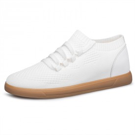 Minimalist Elevator Cross Trainer Shoes White Knit Slip On Sock Sneakers Add Height 2.4inch / 6cm