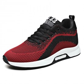 Wine Red Lift Men Fashion Trainers Hidden Taller Flyknit Walking Running Shoes Height 2.4inch / 6cm