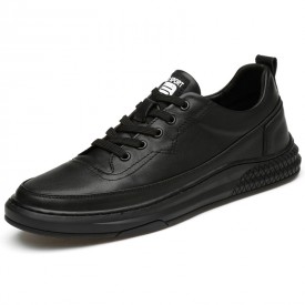 Lifestyle Hidden Taller Skate Shoes Black Leather Low Top Elevator Fashion Sneakers Height 2inch / 5cm