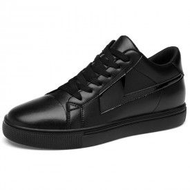 Low Top Elevator Leather Sneakers Black Lift Board Shoes Increase Height 2.4inch / 6cm