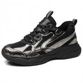 2024 Lightweight Elevator Dad Sneakers Black-Silver Mesh Chunky Walking Shoes Add 3inch / 7.5cm