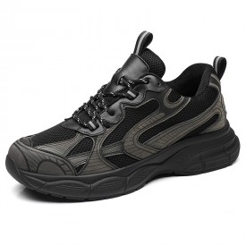 Black-Gray Breeze Mesh Elevator Sneakers Hidden Lift Chunky Walking Shoes Add Taller 2.8inch / 7cm