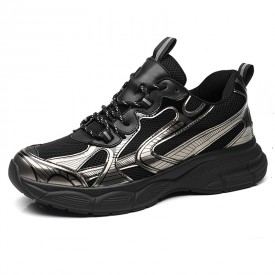 Black-Silver Breeze Mesh Elevator Sneakers Hidden Lift Chunky Walking Shoes Boost 2.8inch / 7cm