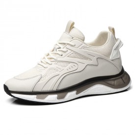 Height Increasing Elite Glide Sneakers Ivory Patchwork Mesh Chunky Running Shoes 2.8inch / 7cm