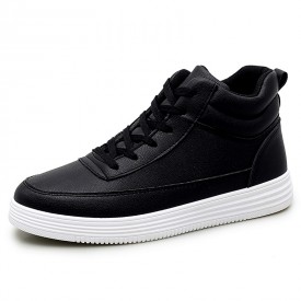 Fashion High Top Elevator Skate Shoes Black Leather Men Sneakers Add Taller 2.8inch / 7cm