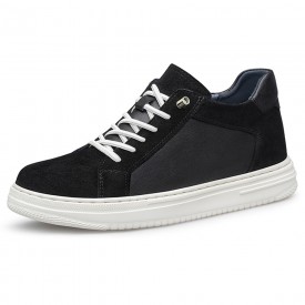 Height Increasing Dual Material Sneakers Black Suede Lightweight Skate Shoes Add 2.4inch / 6cm