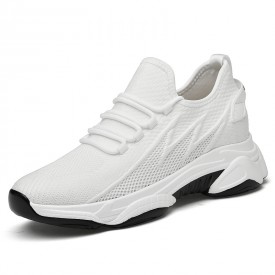 White Hidden Height Fashion Sneakers Flyknit Non Slip Running Shoes Gain Taller 2.4inch / 6cm