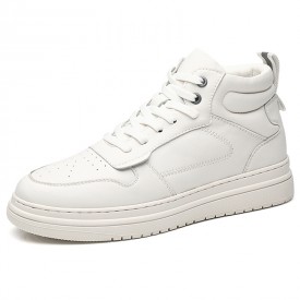 Sleek Height Increasing High Top Sneakers White Genuine Leather Skate Shoes Add 3inch / 7.5cm