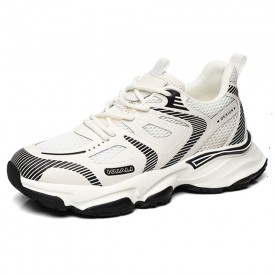 Quirky Height Increasing Chunky Sneakers Beige Mesh Fashion Walking Shoes Gain Taller 3inch / 7.5cm