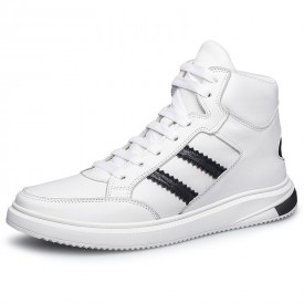 Concise Hidden Lift High Top Skate Shoes White Leather Casual Sports Boots Add Height 2inch / 5cm