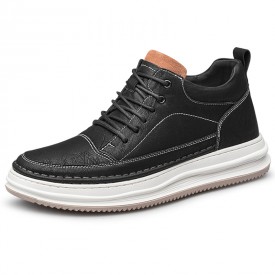 Flexible Elevator Flat Sneakers Black Leather Hidden Lift Simple Casual Shoes Add Taller 2.8inch / 7cm