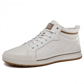 Comfortable High Top Elevator Sneakers Classic White Leather Skate Shoes Add Height 2.4inch / 6cm