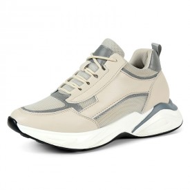 Awesome Beige Chunky Dad Shoes Mesh Lace Up Hidden Lift Walking Shoes Add Tall 3inch / 7.5cm