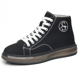 Black Elevator High Top Canvas Sneakers Sleek Air Cushion Skate Shoes Increase Taller 2.8inch / 7cm