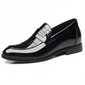 Shiny Elevator Penny Loafers Black Embossed Patent Leather Slip On Formal Shoes Gain 2.4inch / 6cm