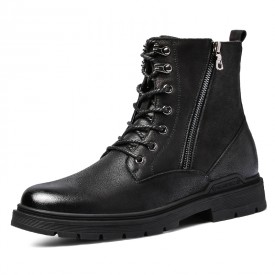 Elevator Double Zip Boots Black Calf Leather Tactical Chukka Boot Warm Military Boots Tall 2.6inch / 6.5cm