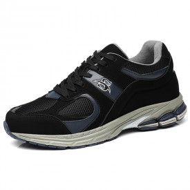 Retro Elevator Matrix Shoes Black Suede Leather Mixed Mesh Walking Shoes Look Taller 3inch / 7.5cm