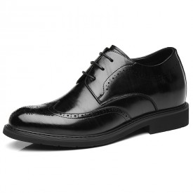 Versatility Elevator Brogue Shoes Black Cowhide Wing Tip Business Derbies Add Height 3inch / 7.5cm